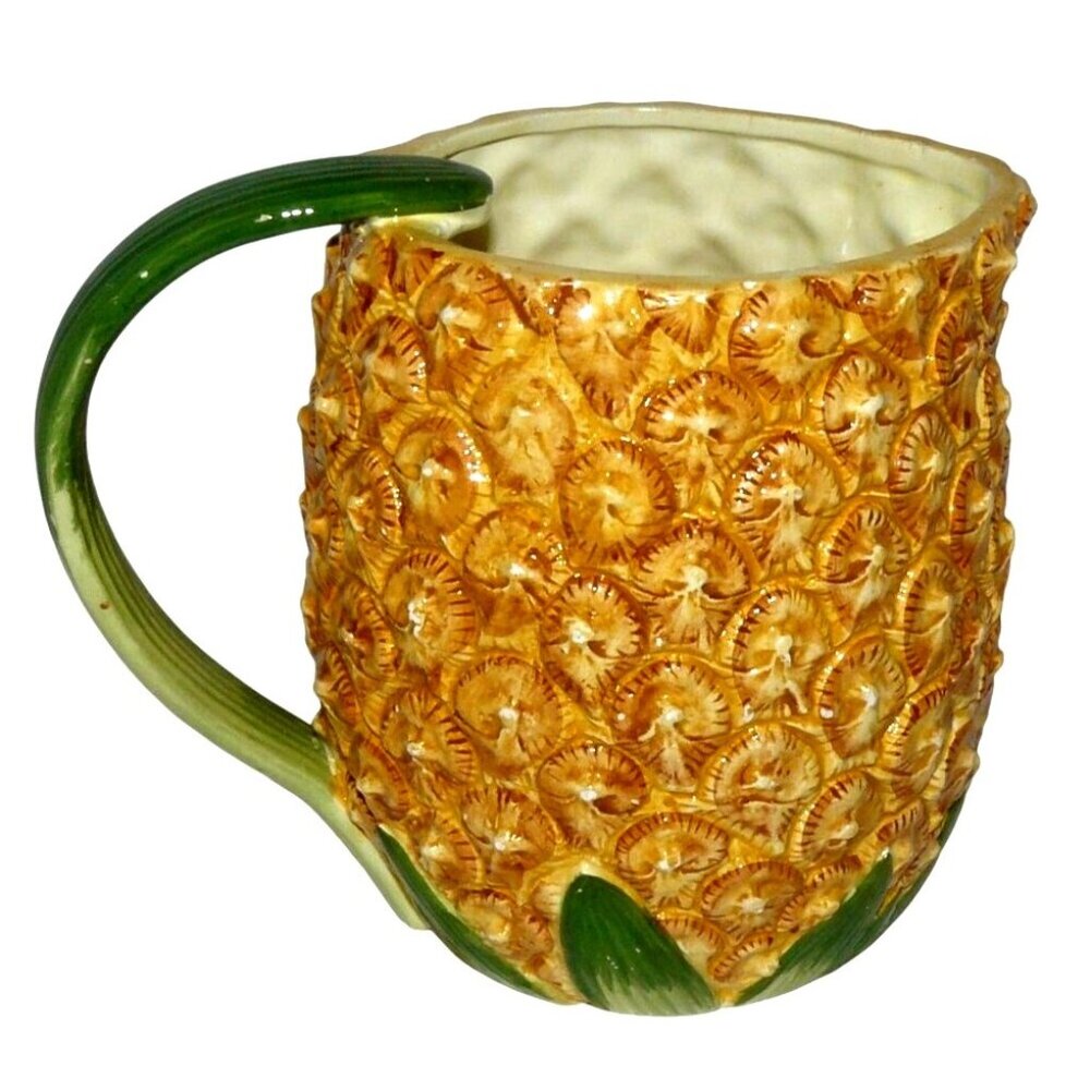 Ceramic Majolica Pineapple Pitcher Green Leaf Handle Tropical Hand-Painted Vtg